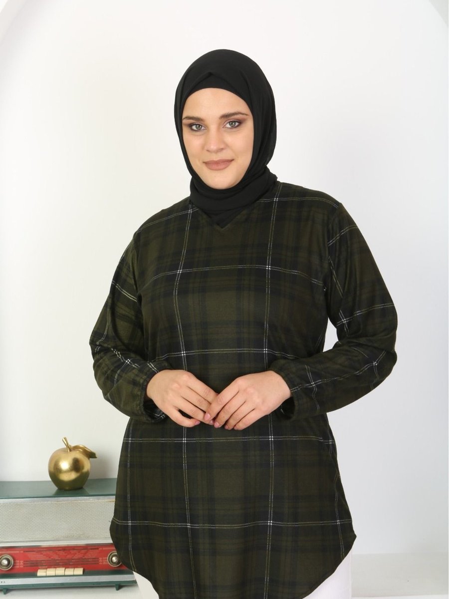 Tunikteks Süet Örme Yumusak Kumaş Rahat Mevsimlik Ekose Haki Tunik
