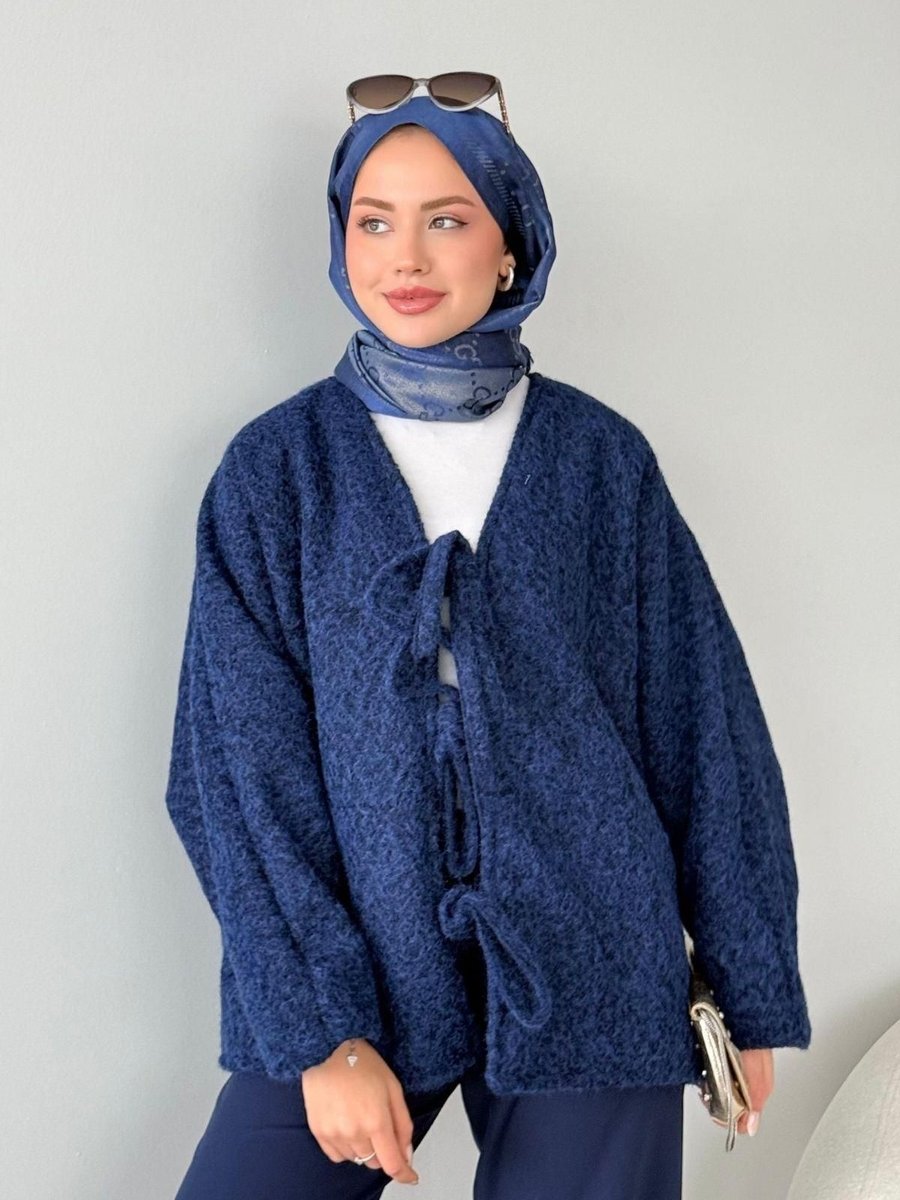 Haza Moda Bağlamalı Kırçıl Kaşe Ceket Lacivert