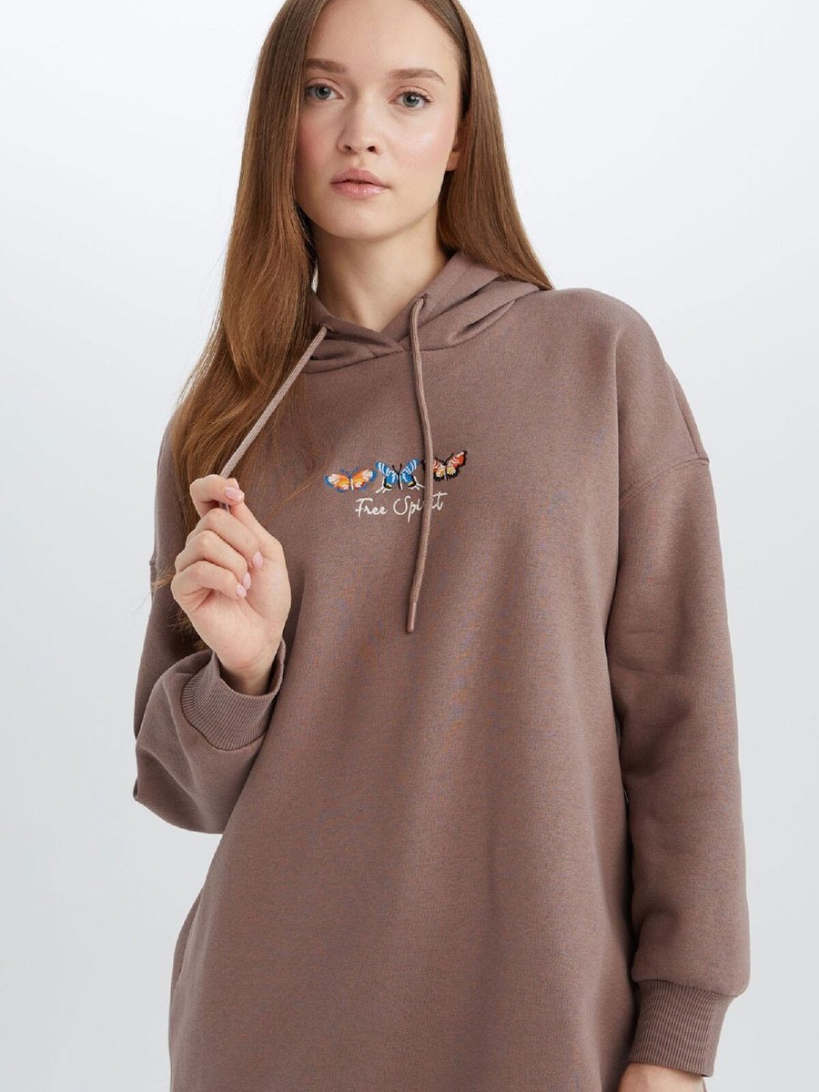 Defacto Relax Fit Kapüşonlu Baskılı İçi Yumuşak Tüylü Kalın Sweatshirt Tunik E0841ax24wn