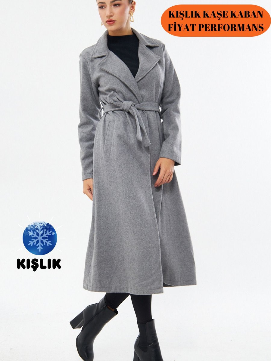 Rabi Shine Füme Kuşaklı Kışlık Kaşe Kaban Astarsız