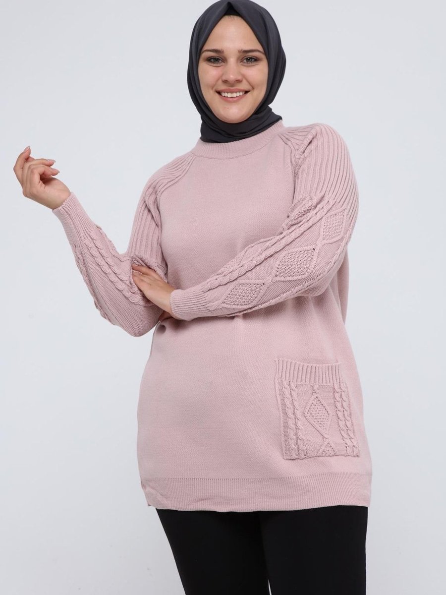 İlmek Büyük Beden Kolu Saç Örgülü Cepli Kışlık Triko Tunik