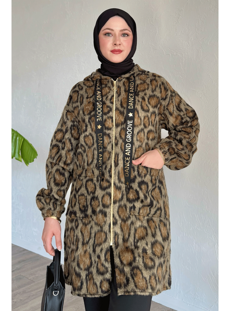 InStyle Kapüşonlu Leopar Desenli Camel Kap