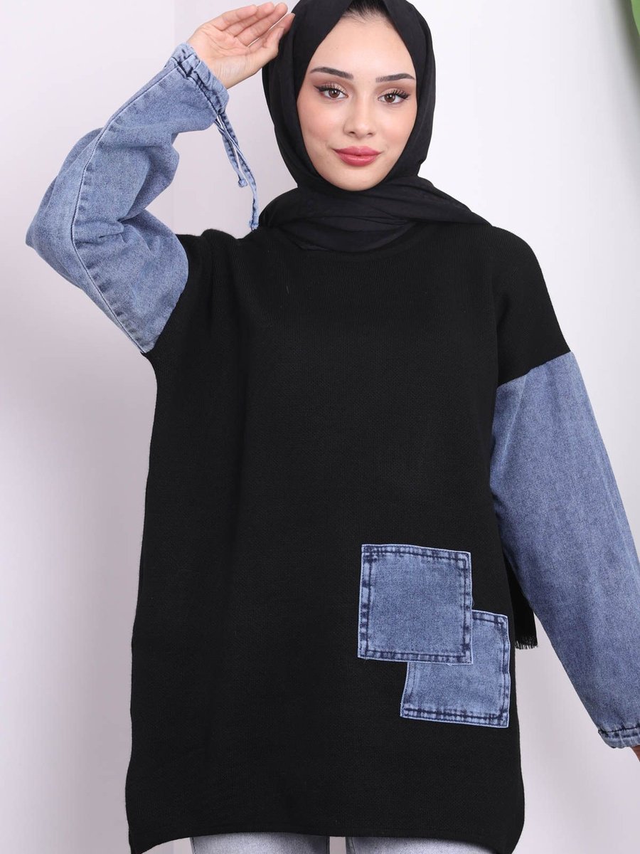 İmajbutik Siyah Kol Kot Detaylı Triko Tunik