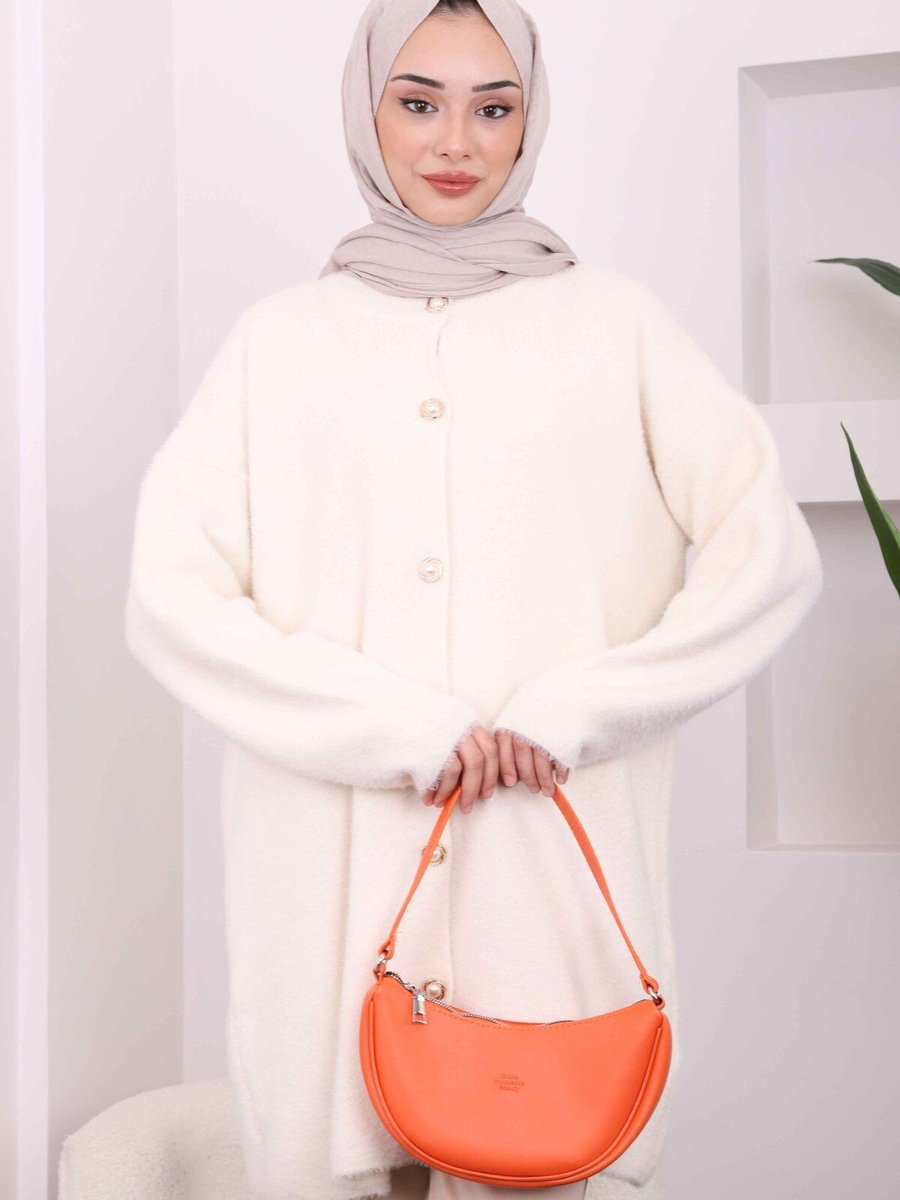 İmajbutik Ekru Düğmeli Angora Triko Hırka