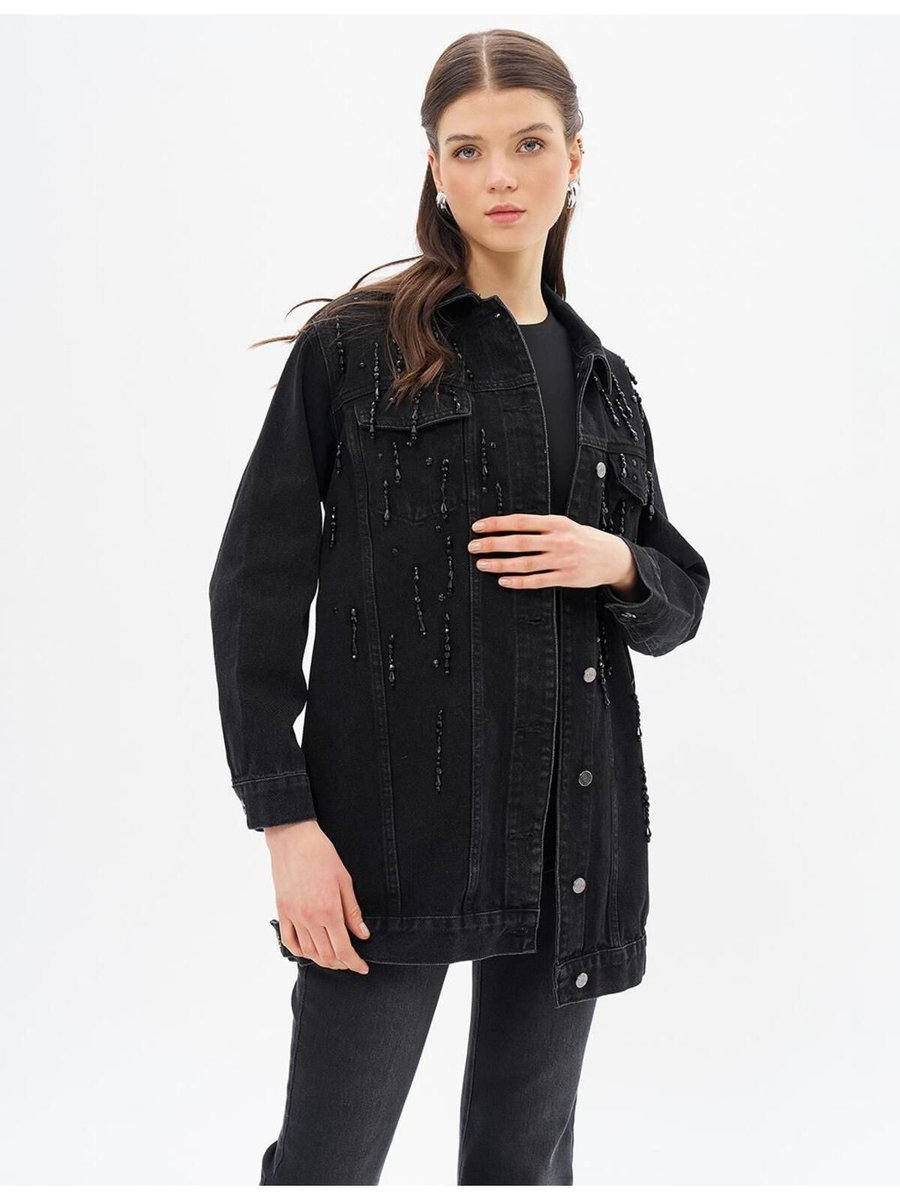 Kayra Boncuk İşlemeli Denim Ceket Siyah