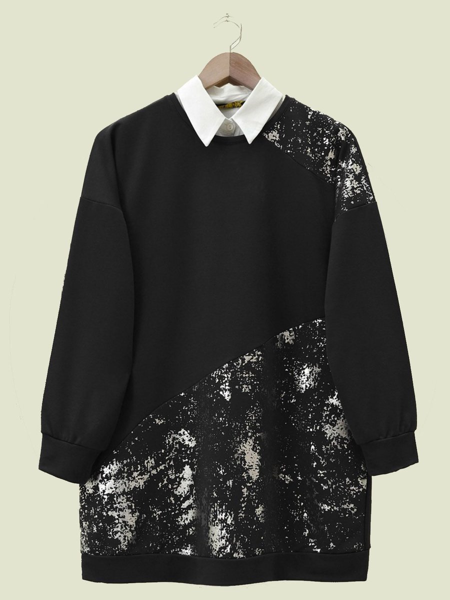 Lucia Fashion Varak Baskılı Parçalı Bisiklet Yaka Tunik