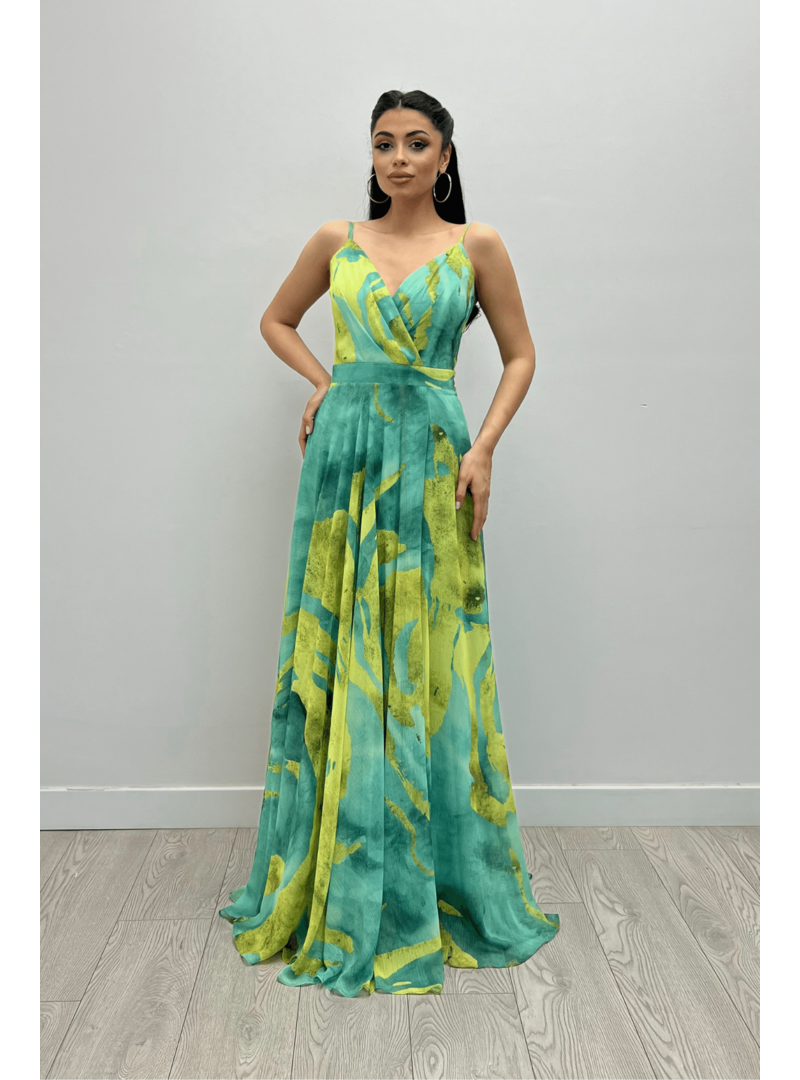 Giyim Masalı Mint Yeşili Organze Sifon Kumaş Desenli Maxi Elbise