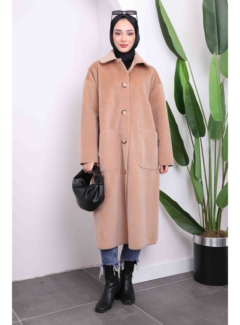 İmaj Butik Camel Kruvaze Yaka Oversize Kaban