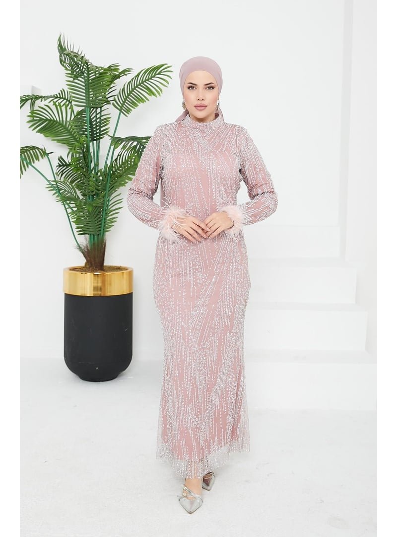 Hakimoda Pudra Verda Taşlı Abiye Elbise