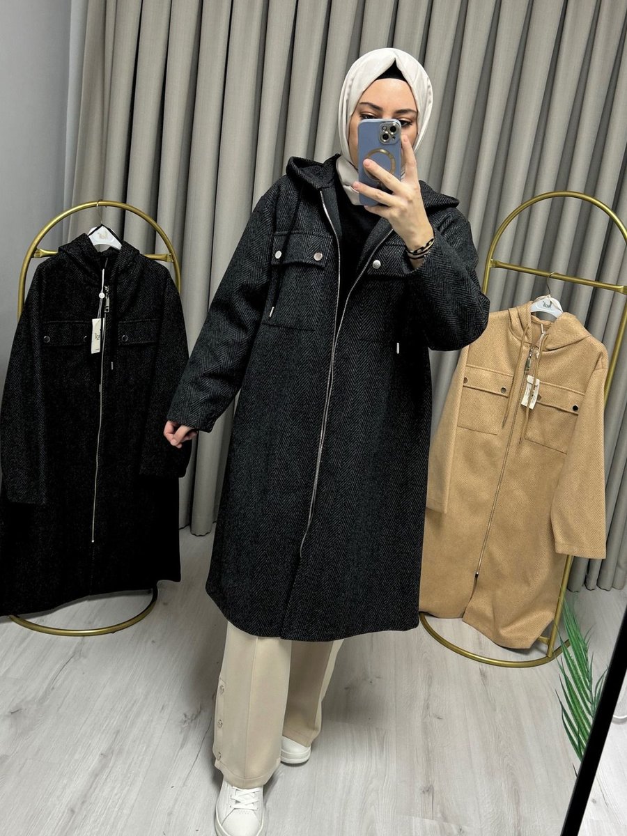 İkoll Balıksırtı Desenli Oversize Ara Boy Kapüşonlu Kaşe Kaban