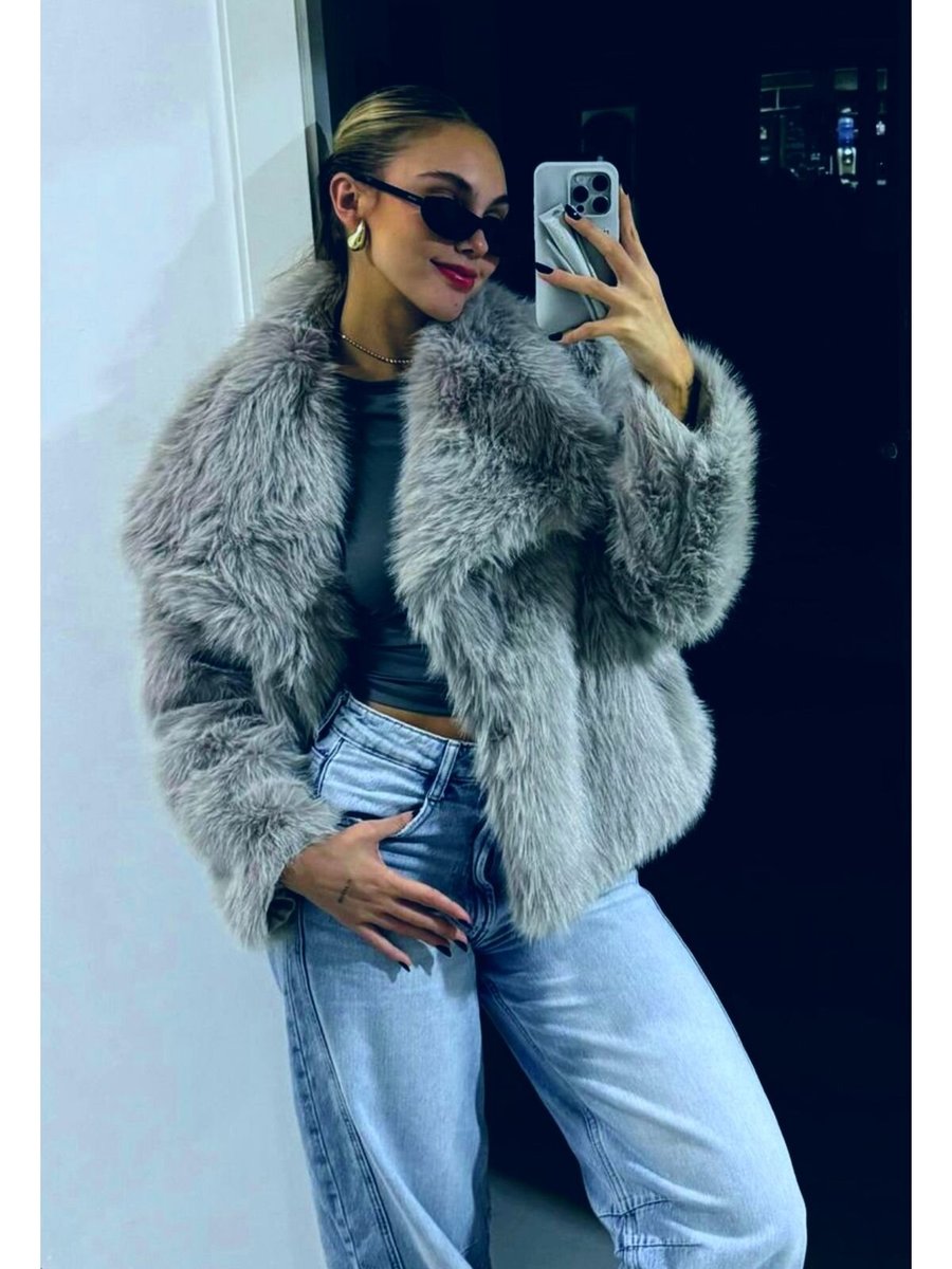 Ada Style Gri Yumşak Premium Kürk Mont