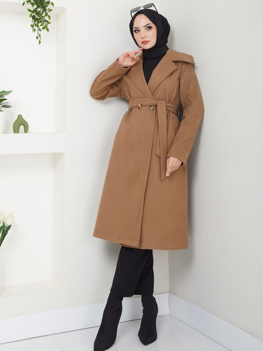VOLT CLOTHİNG Kahverengi Şal Yaka Düğmeli Kuşaklı Kaşe Kaban