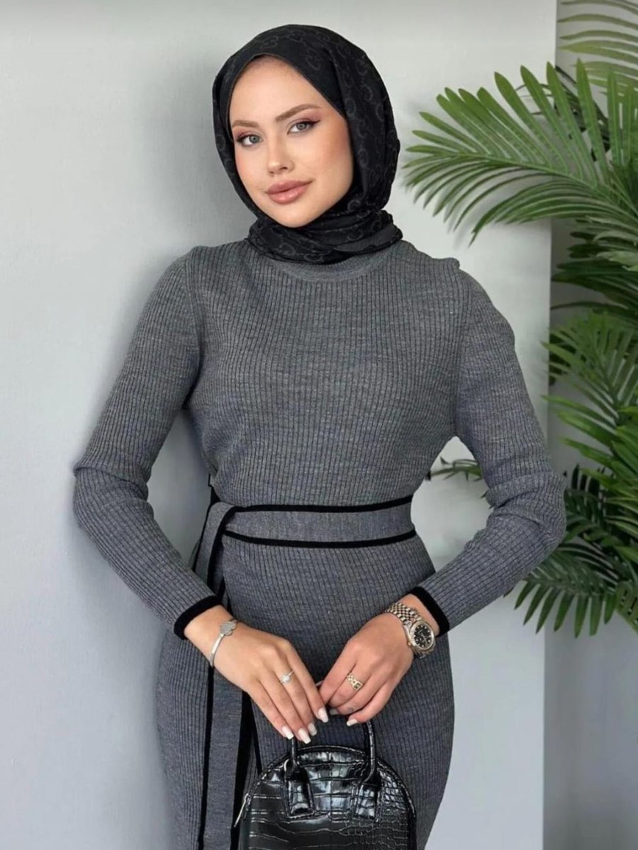 Flex Fashion Valent Bağlamalı Trend Popüler Parça Triko Takım Elbise Gri