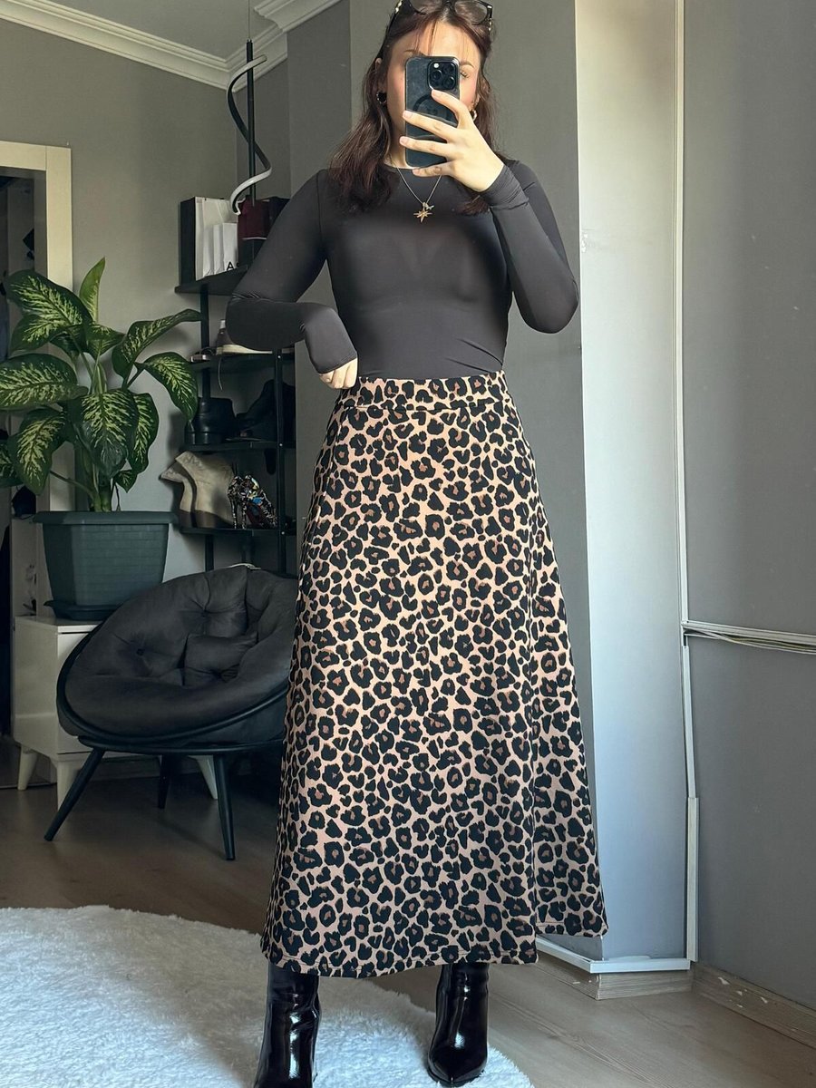 Qenz Leopar Desen Krep Etek Camel