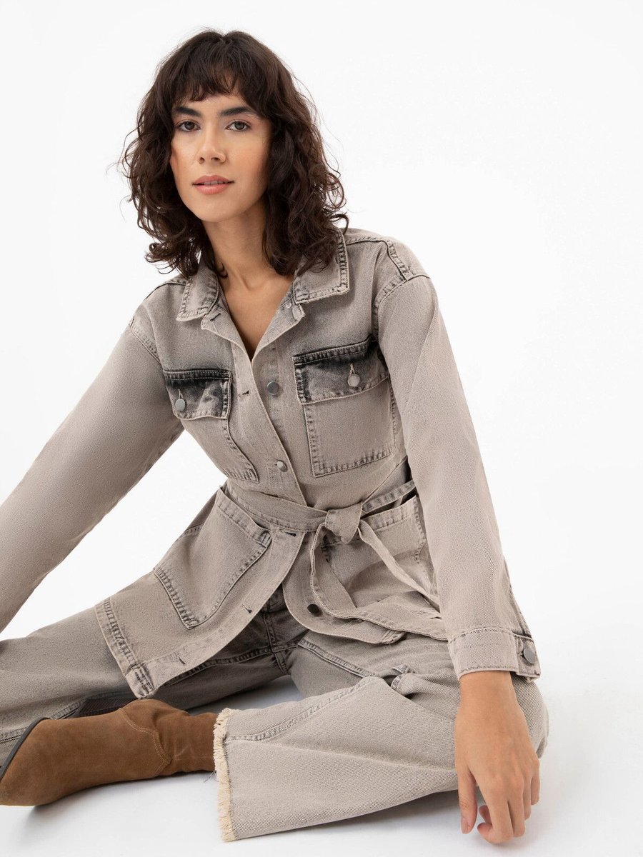 Benin Yıkamalı Cep Detaylı Denim Ceket Gri
