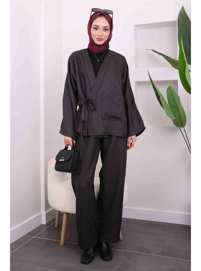 İmaj Butik Antrasit Yan Bağlamalı Cepli Kimono Pantolon Takım