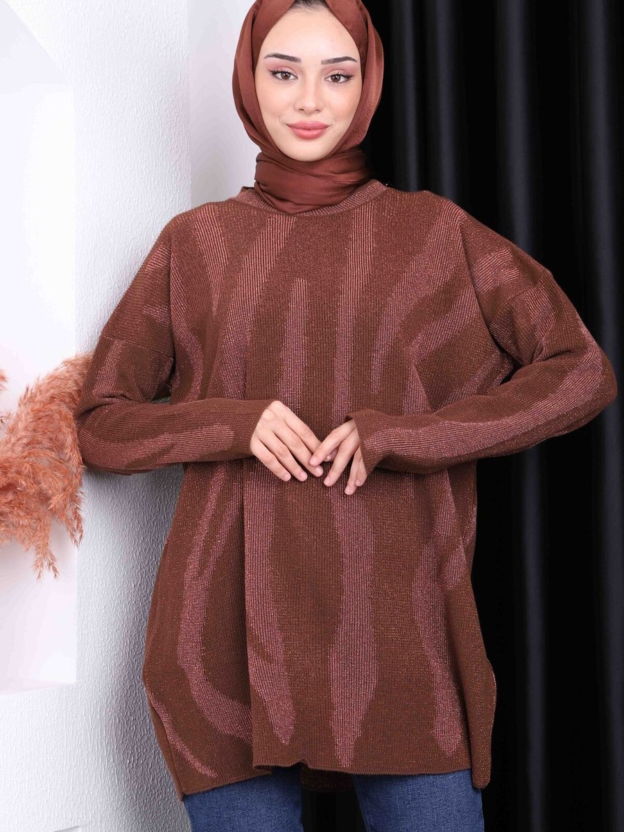 İmajbutik Kahverengi Desenli Simli Triko Tunik