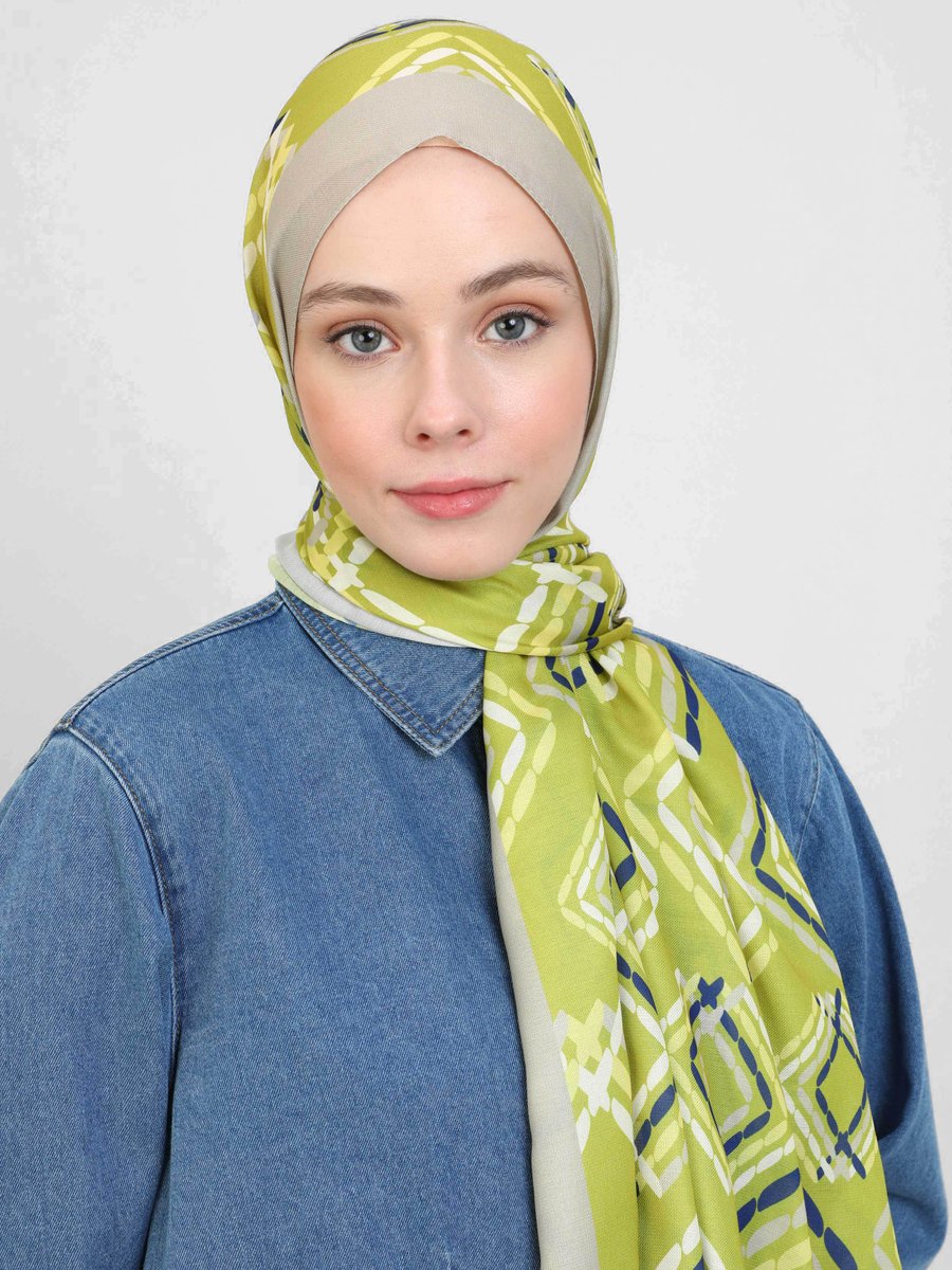 Miray Yağ Yeşili Shantuq Soft Şal Küp Desen
