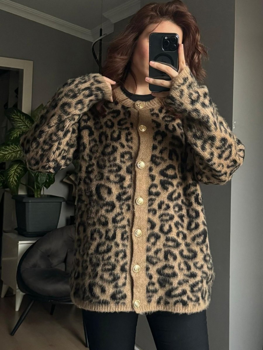 Qenz Leopar Desenli Triko Hırka Camel