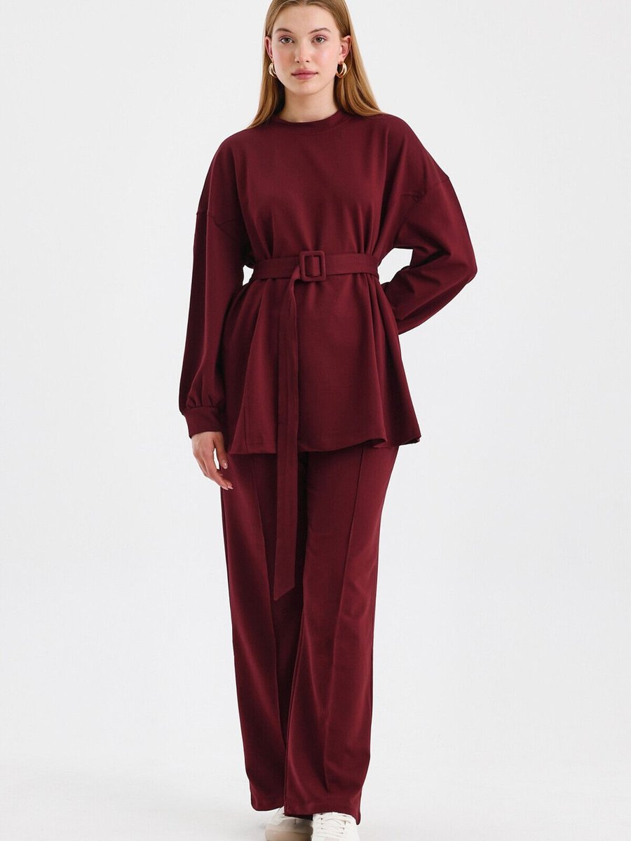 Kuad Bordo Kemerli Basic Sweat Pantolonlu Takım