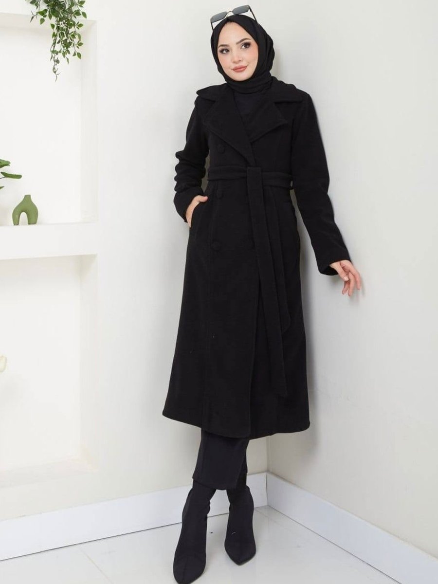 Nevayla Moda Uzun Polar Kaşe Kaban / Siyah