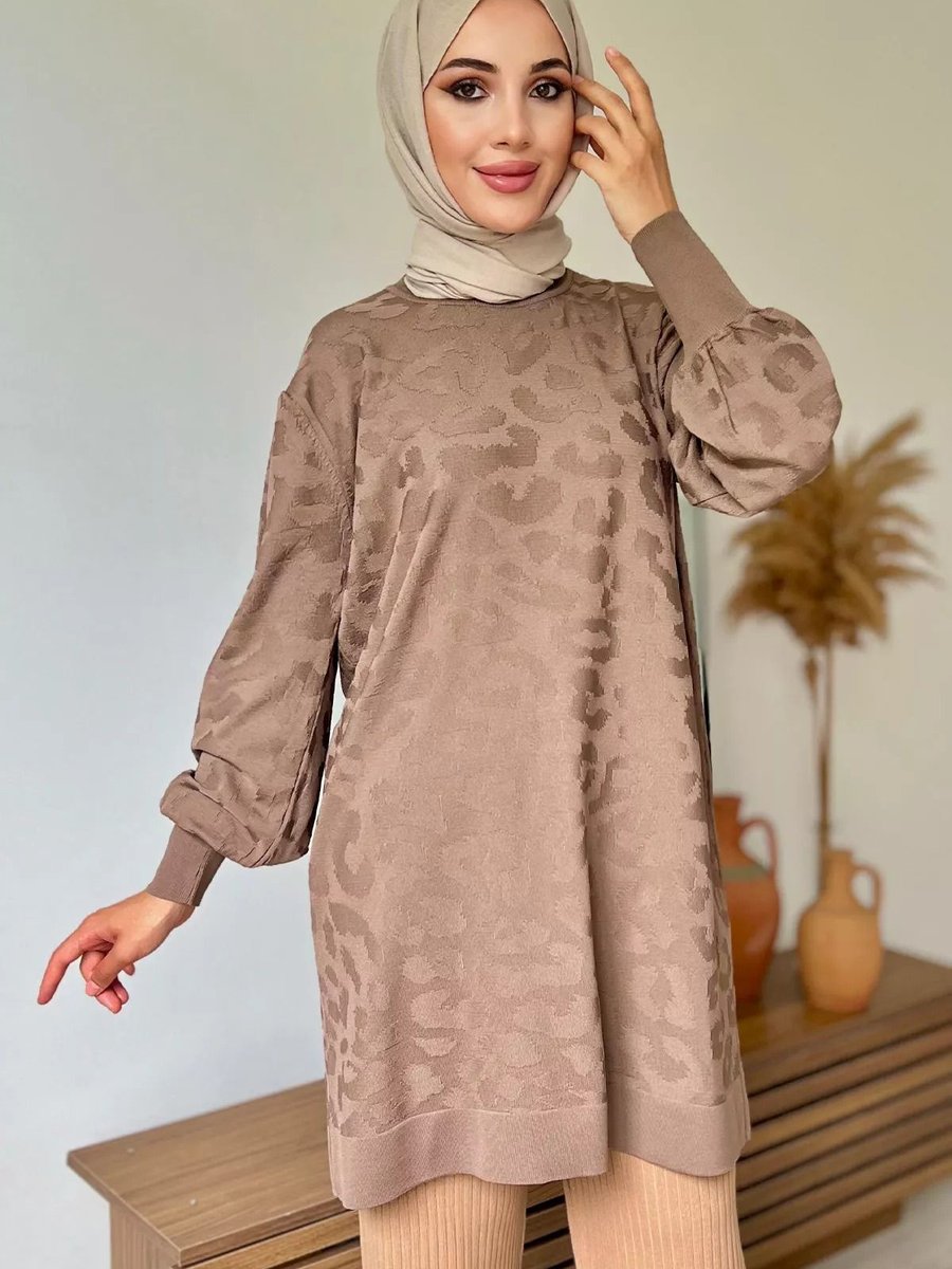 Julude Kahve Bisiklet Yaka Desenli Triko Tunik