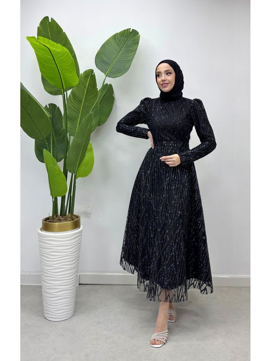 Trendy Butik İşlemeli Ayla Abiye Elbise Siyah