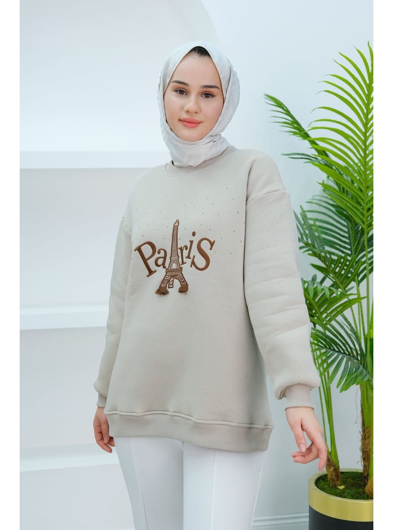 Locco Moda Krem Taş Ve Nakış Detaylı Oversize Sweat