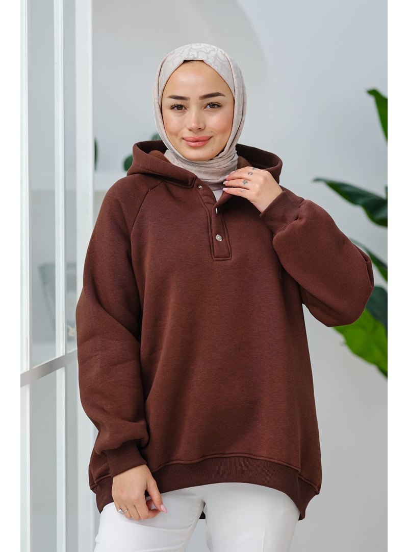 Locco Moda Kahverengi Çıt Detay Kapüşonlu Sweat