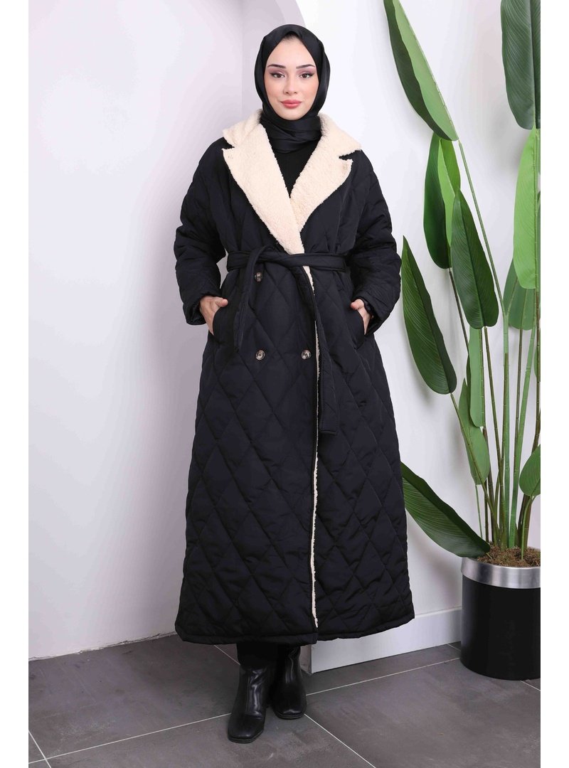 İmaj Butik Siyah İçi Kürklü Uzun Kapitone Kaban