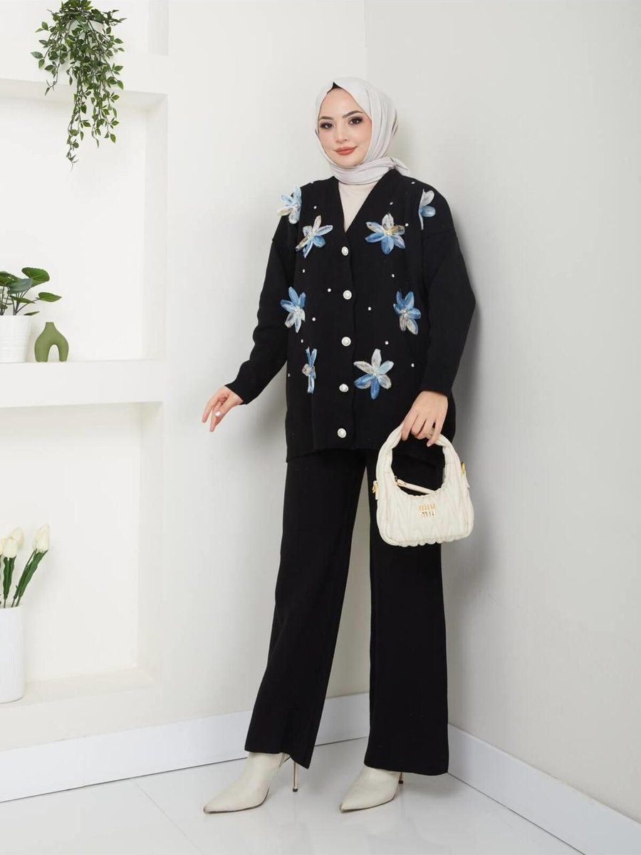 Moda Periy Çiçekli Hırka Pantolon İkili Triko Takım Tesettür Kombin
