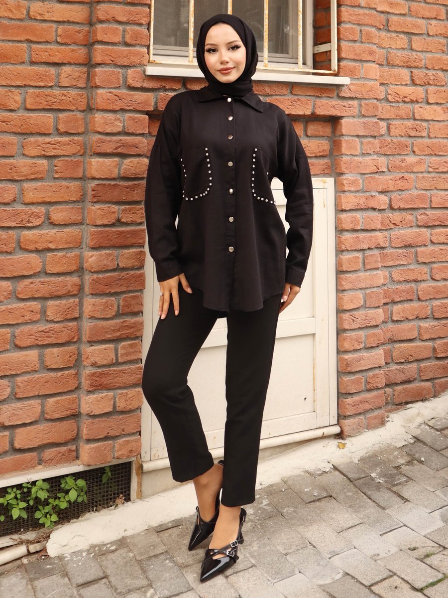 Vav Siyah İnce Gabardin Cep Taşlı Ceket