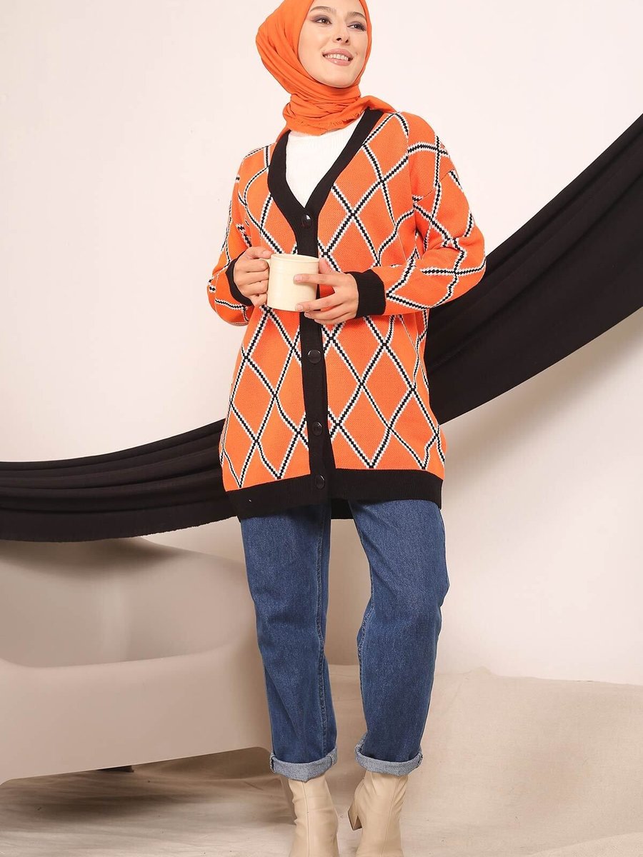 İmajbutik Orange Modest Düğmeli Desenli Triko Hırka