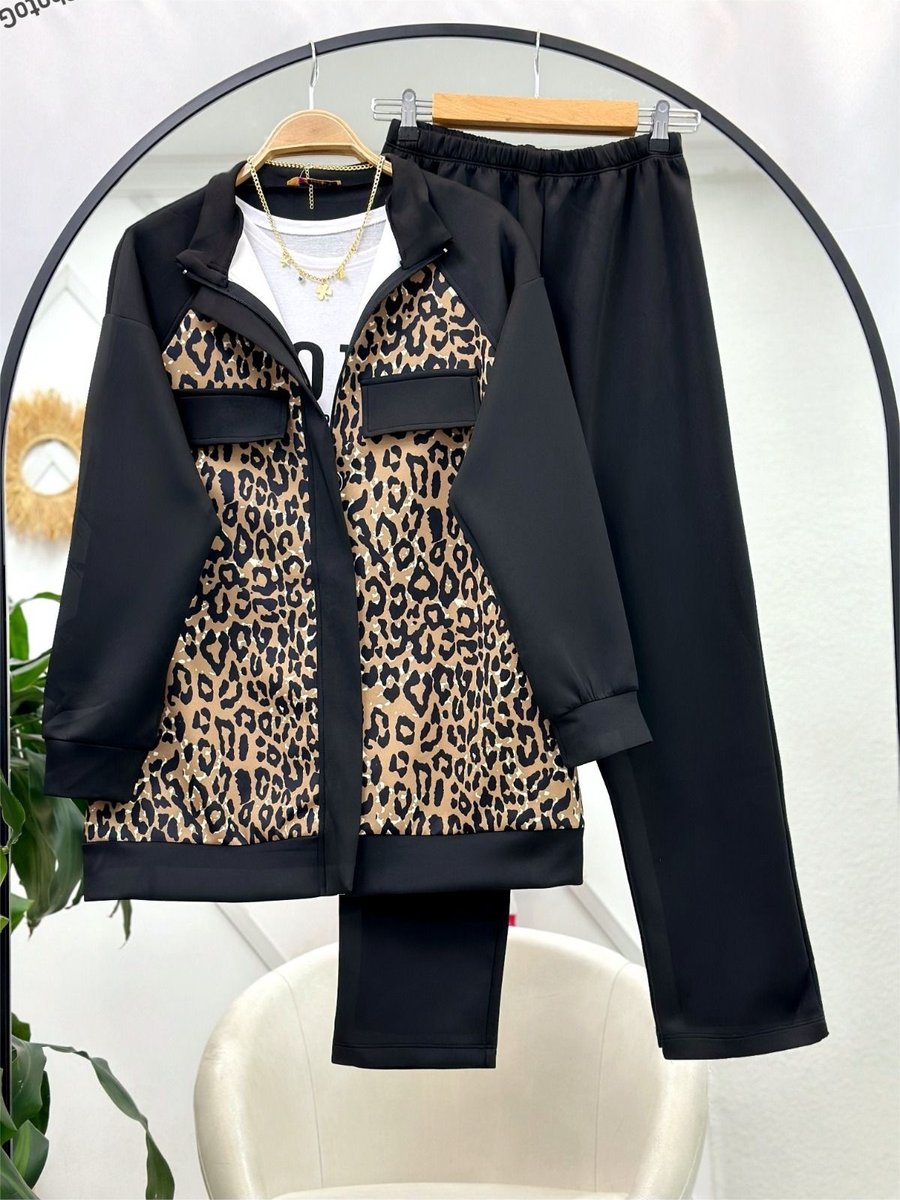 Yedilale Leopar Desenli Fermuarlı İkili Takım