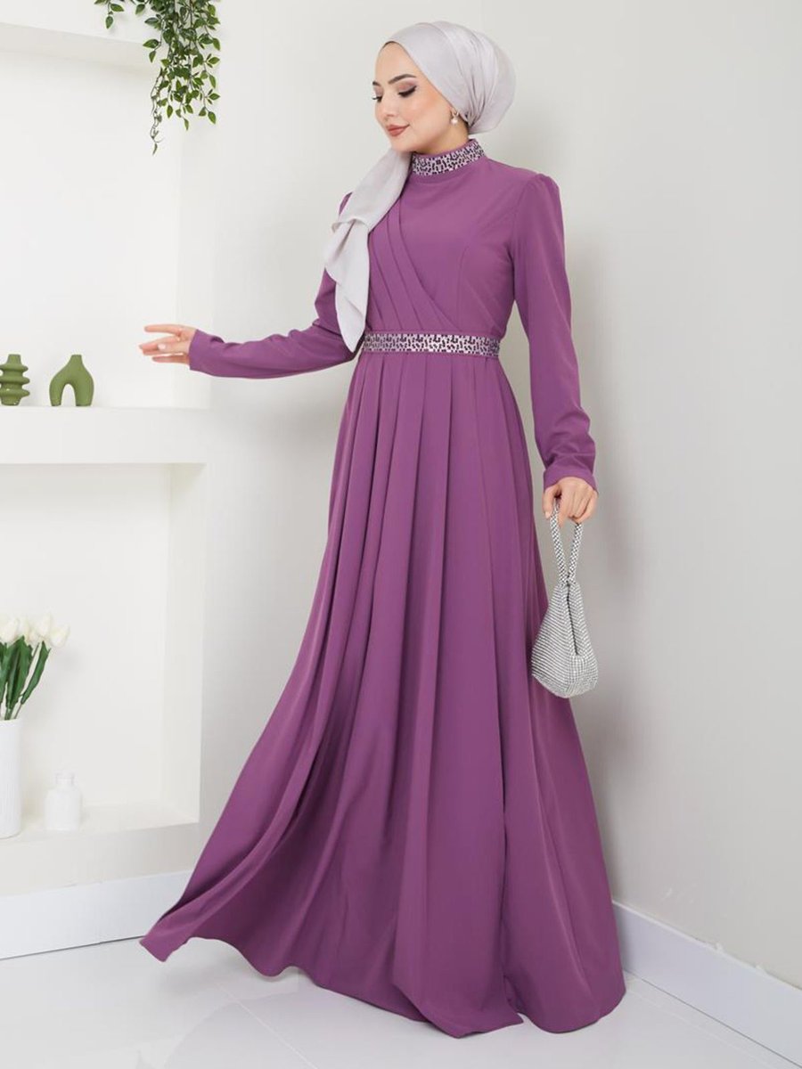 Ayşe Melek Giyim Moda Kemeri Yakası Taşlı Abiye Elbise Lila