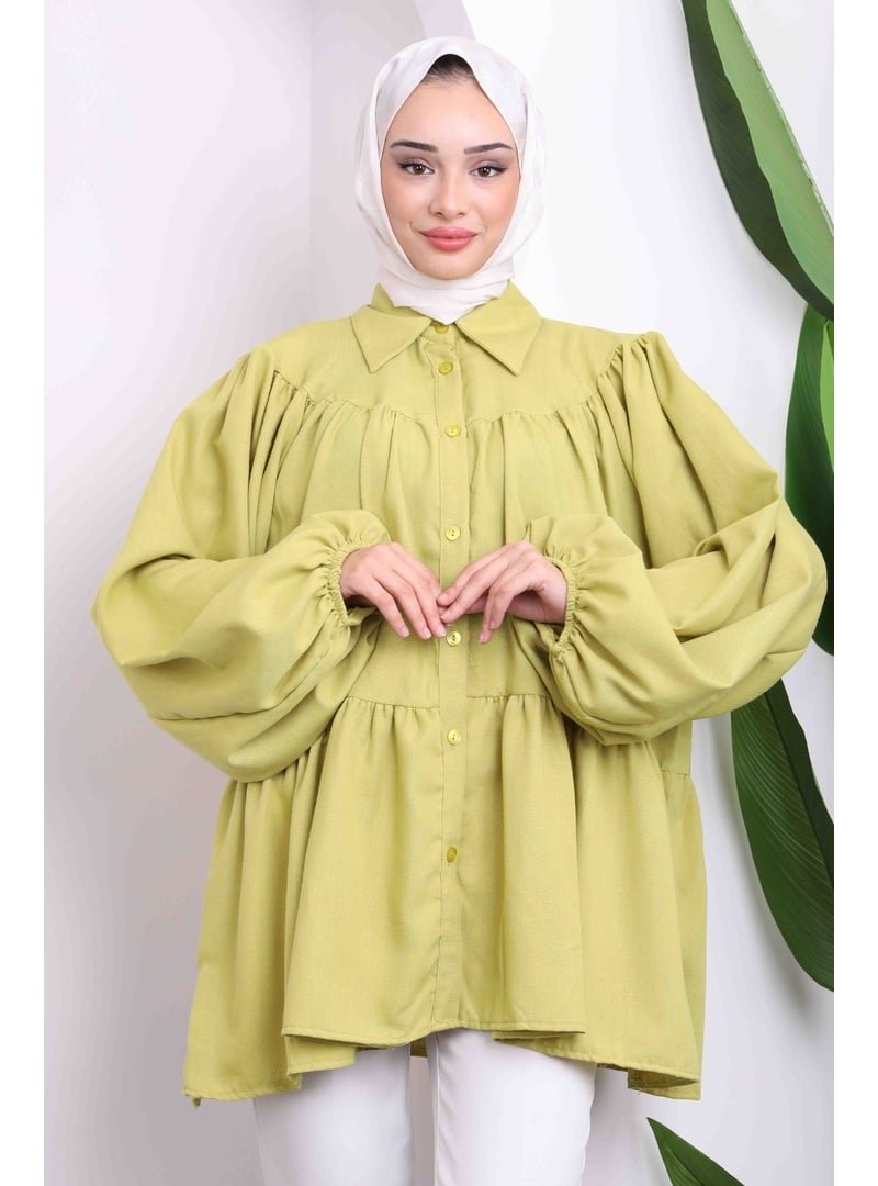 İmaj Butik Yağ Yeşili Kol Lastikli Eteği Katlı Gömlek