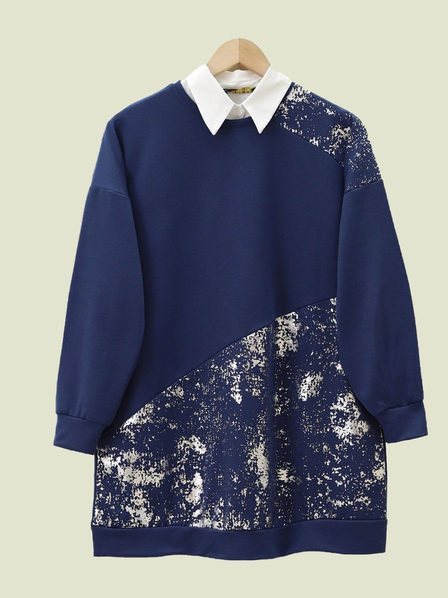 Lucia Fashion Varak Baskılı Parçalı Bisiklet Yaka Tunik