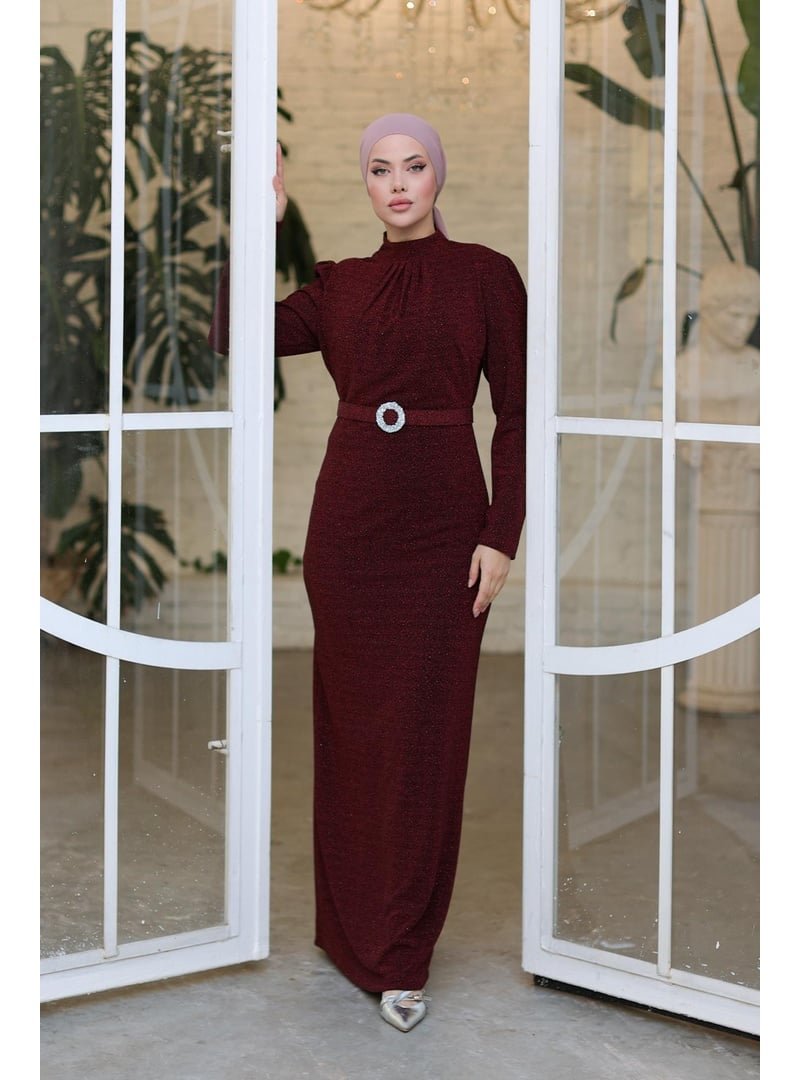 Hakimoda Bordo Segah Simli Abiye Elbise