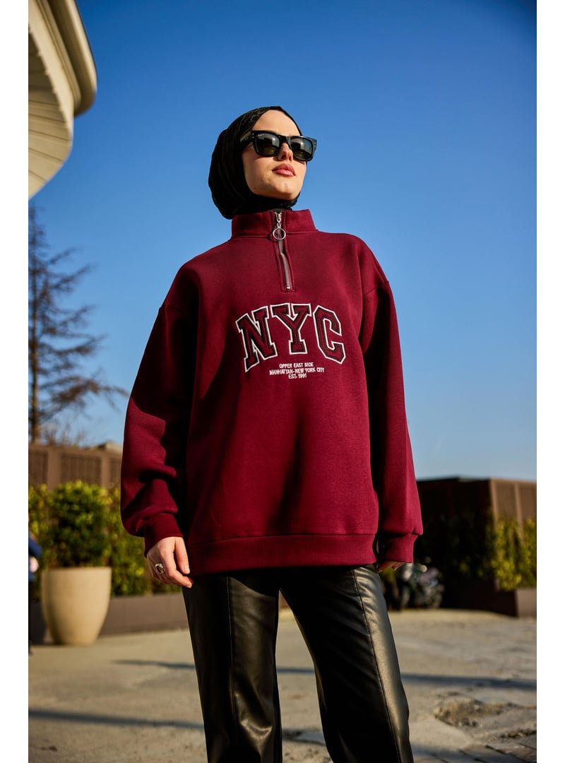 Locco Moda Bordo Nyc Baskılı Yarım Fermuarlı Sweat