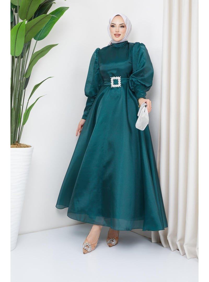 Hakimoda Zümrüt Yeşili Balon Kollu Organze Abiye