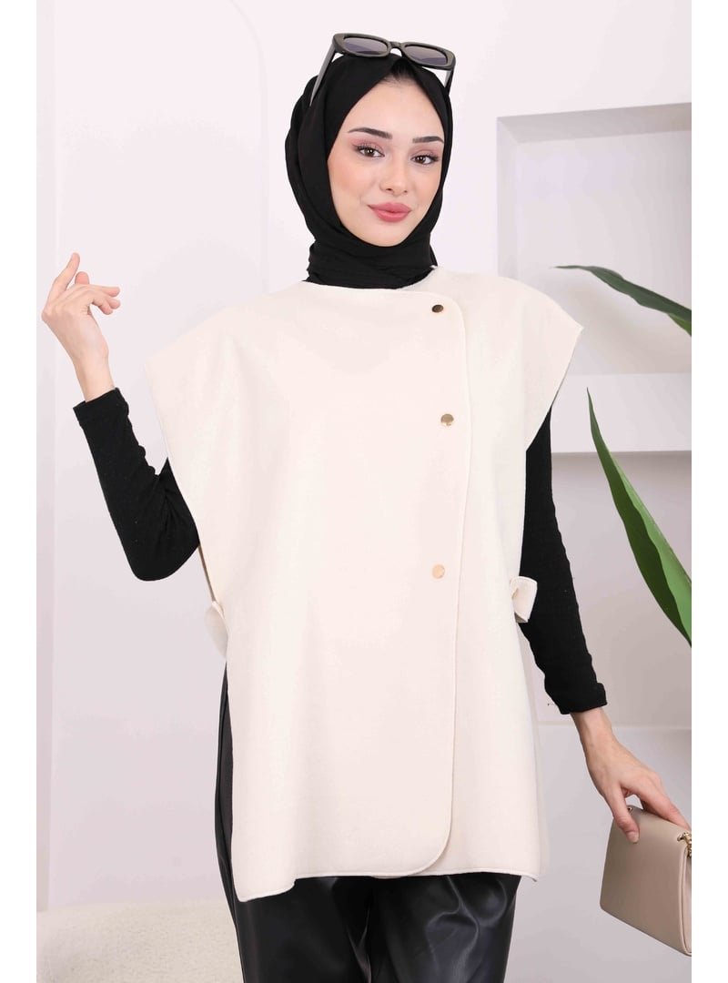 İmaj Butik Krem Çıtçıt Detaylı Yanları Açık Kaşe Yelek