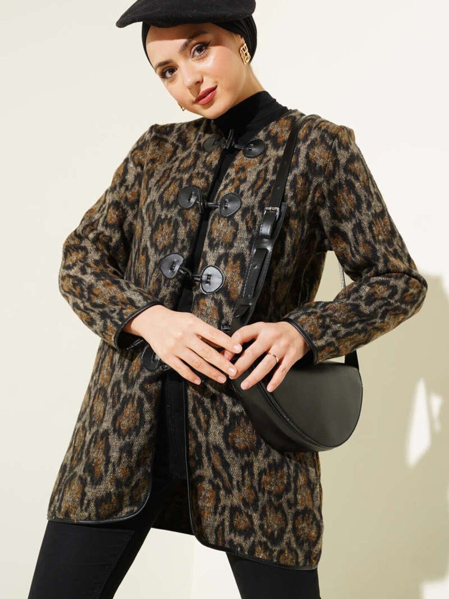 VOLT CLOTHİNG Kahverengi Deri Biyeli Leopar Desen Ceket