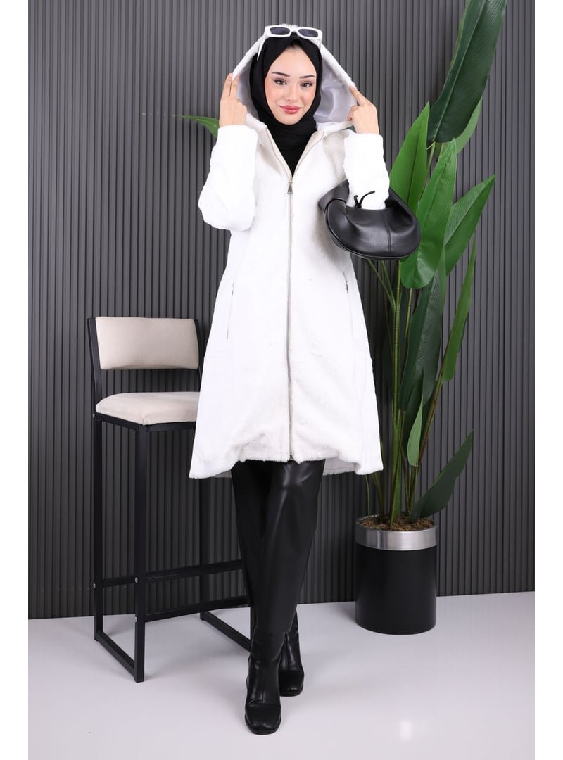 İmaj Butik Ekru Kapüşonlu Angora Kaban