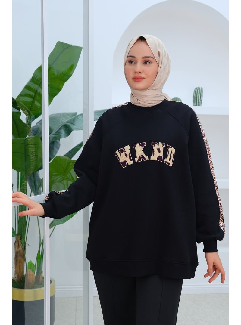 Locco Moda Siyah Leopar Şerit Detaylı Sweat