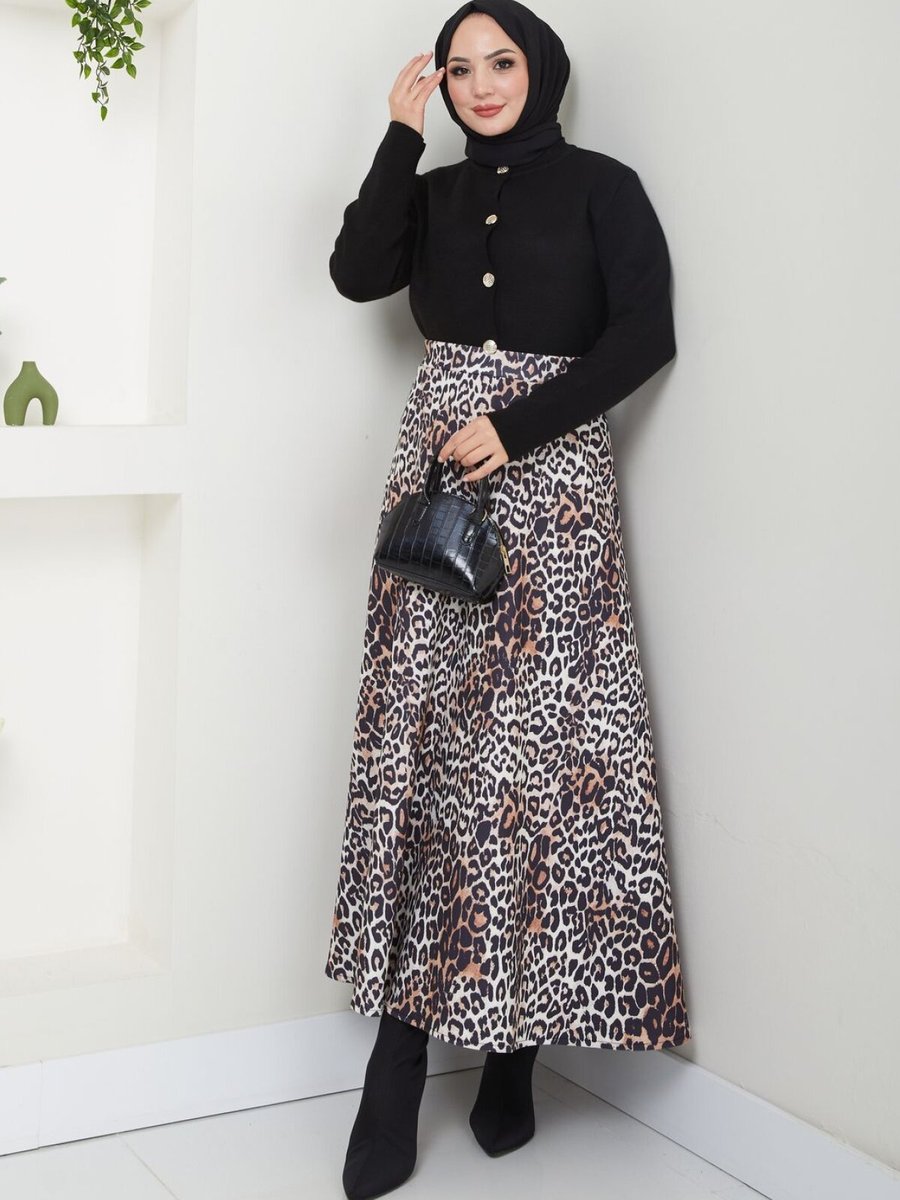 VOLT CLOTHİNG Kahverengi Leopar Desenli Scuba Uzun Etek