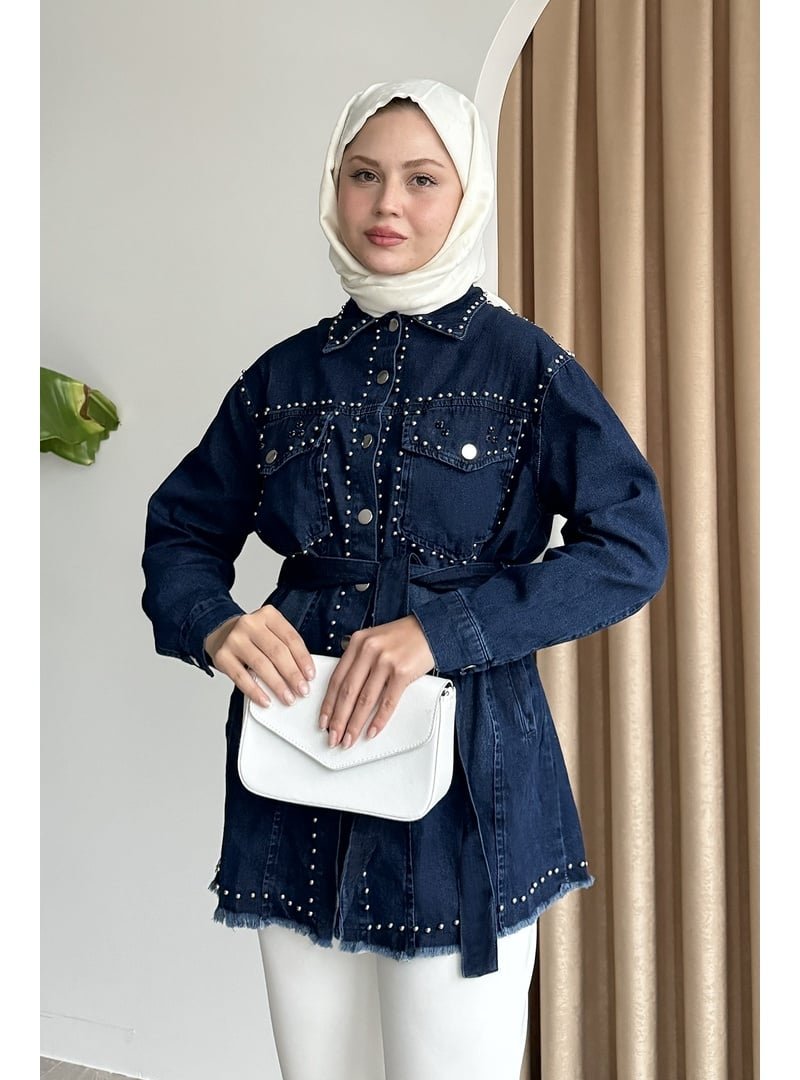 InStyle Taş Detaylı Kot Mavi Gömlek Ceket