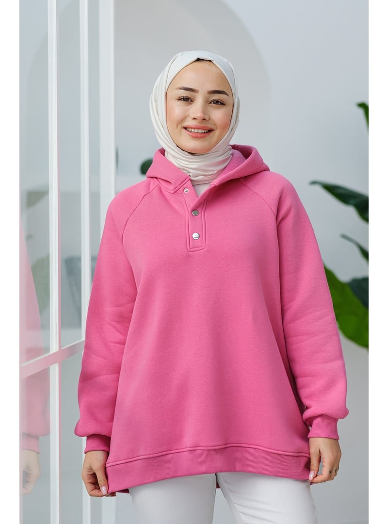 Locco Moda Pembe Çıt Detay Kapüşonlu Sweat