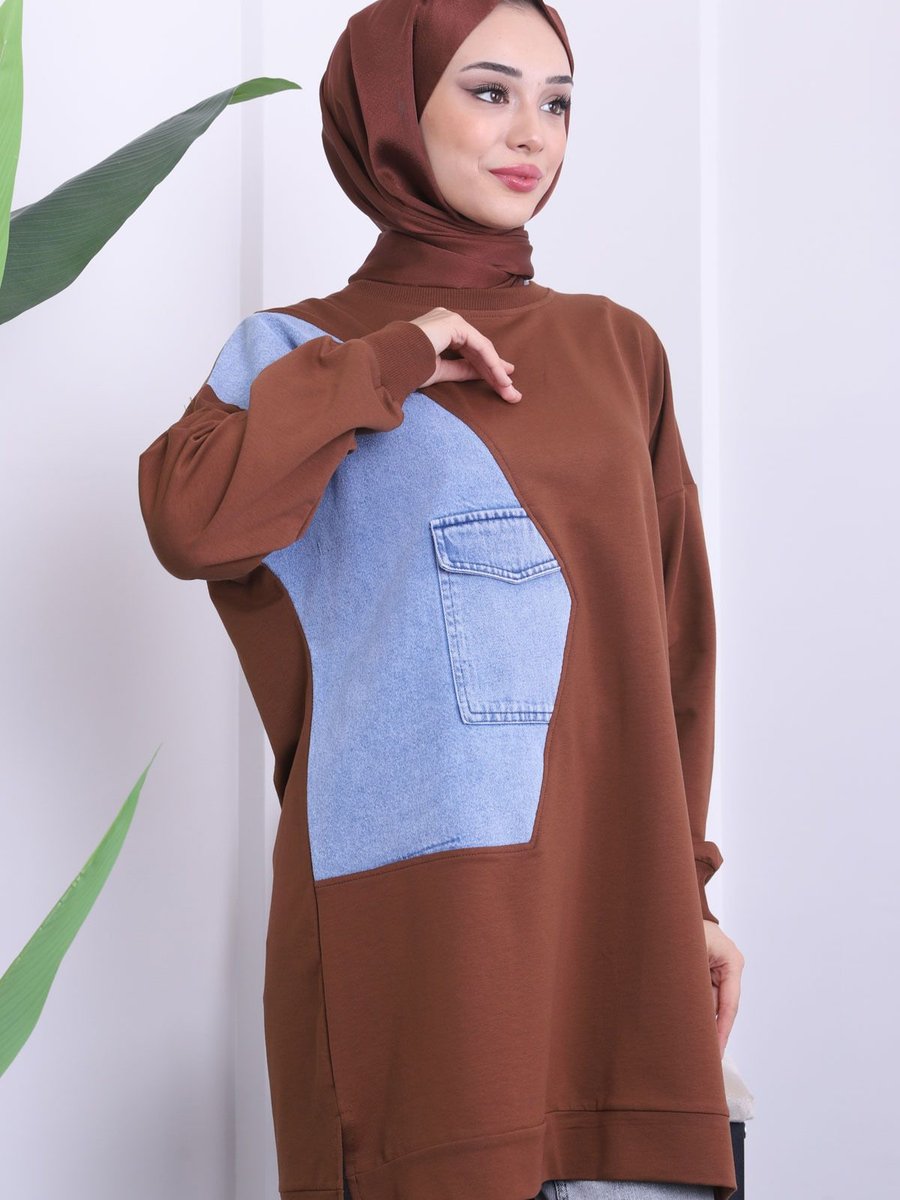 İmajbutik Kahverengi Kot Detaylı Bisiklet Yaka Iki Iplik Sweat