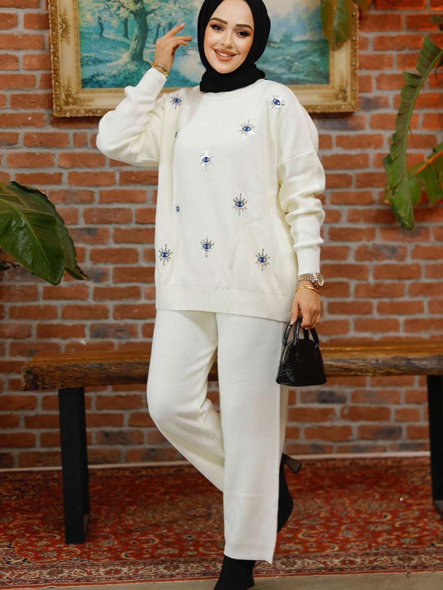 Neva Style Desenli Ekru Triko İkili Takım