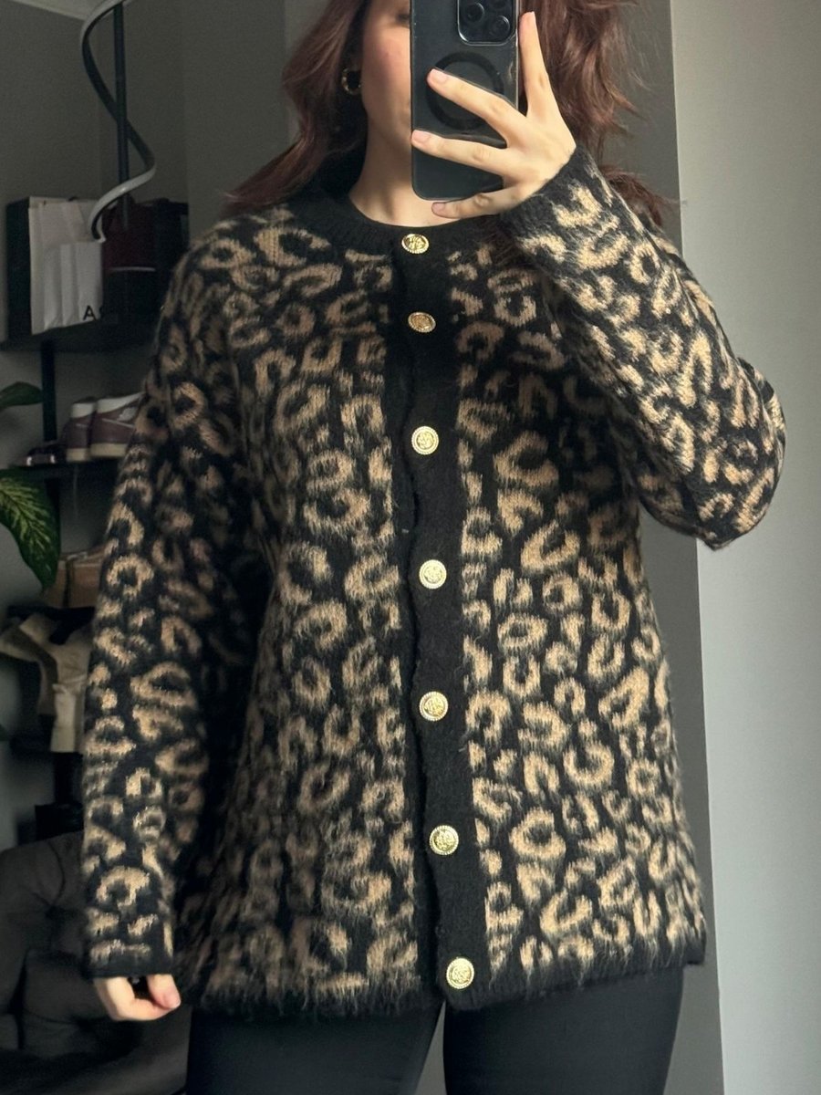 Qenz Leopar Desenli Triko Hırka Kahverengi